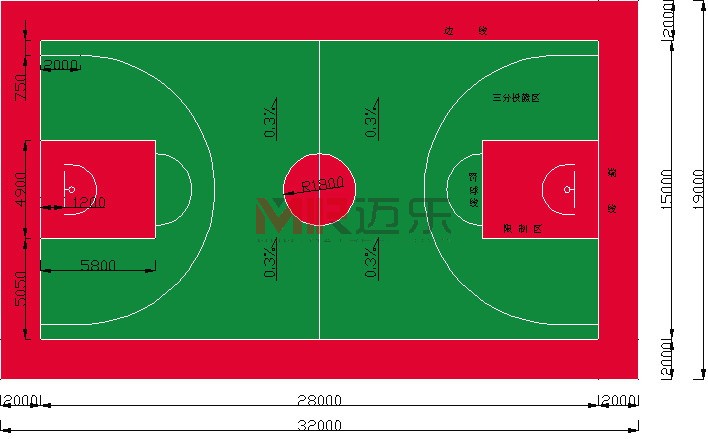 NBA篮球场标准尺寸图硅pu球场丙烯酸球场epdm球场湖南长沙迈乐体育设施公司