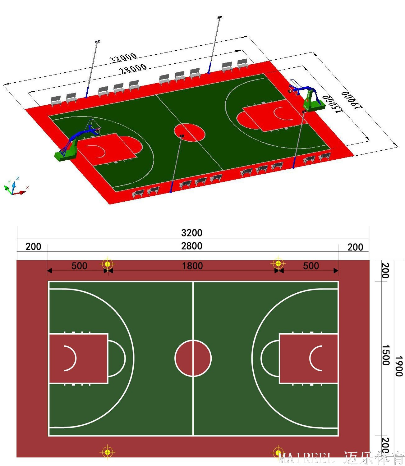 硅PU篮球场标准尺寸图湖南长沙迈乐体育