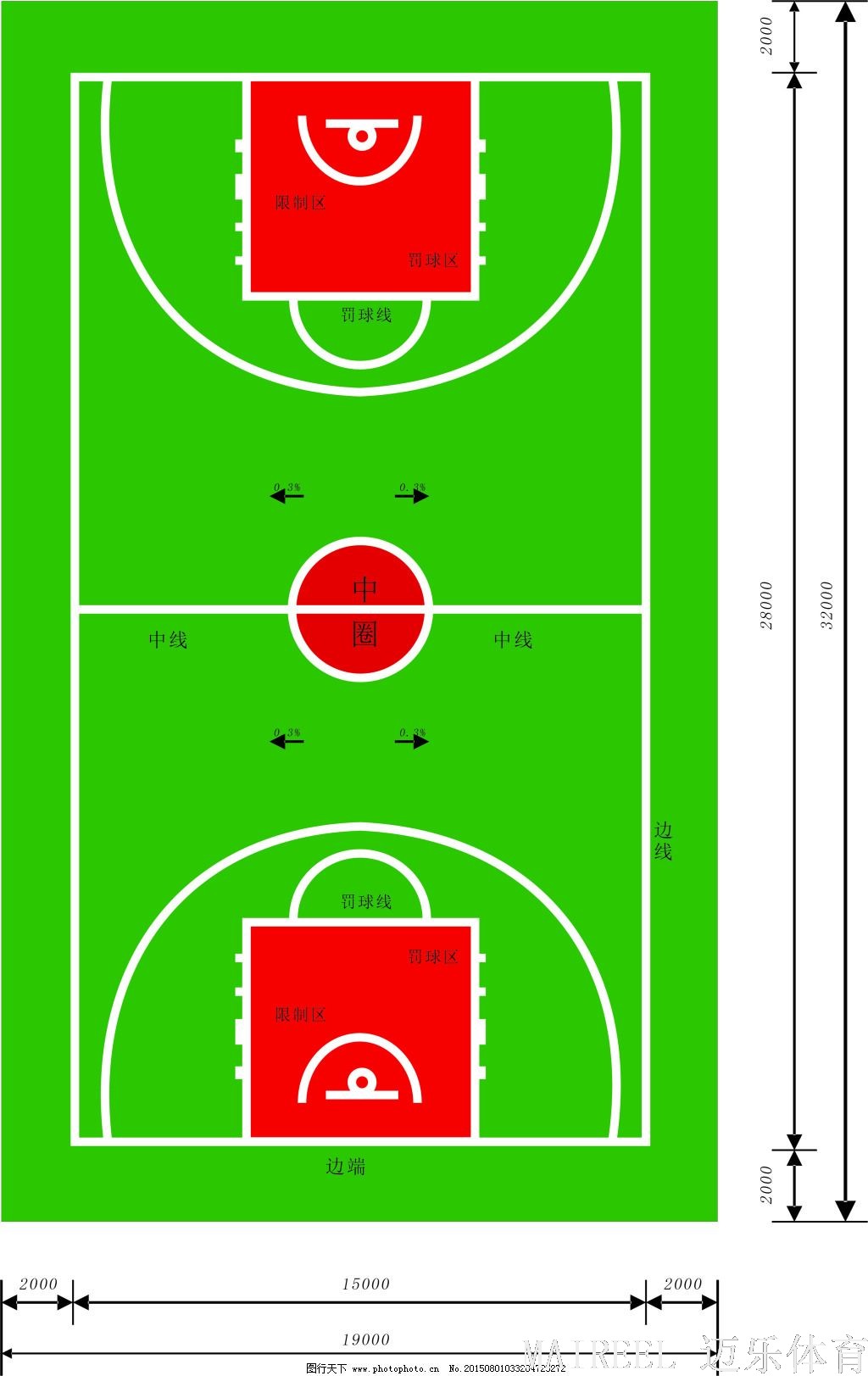 篮球场标准尺寸规格配色图--湖南长沙迈乐体育设施